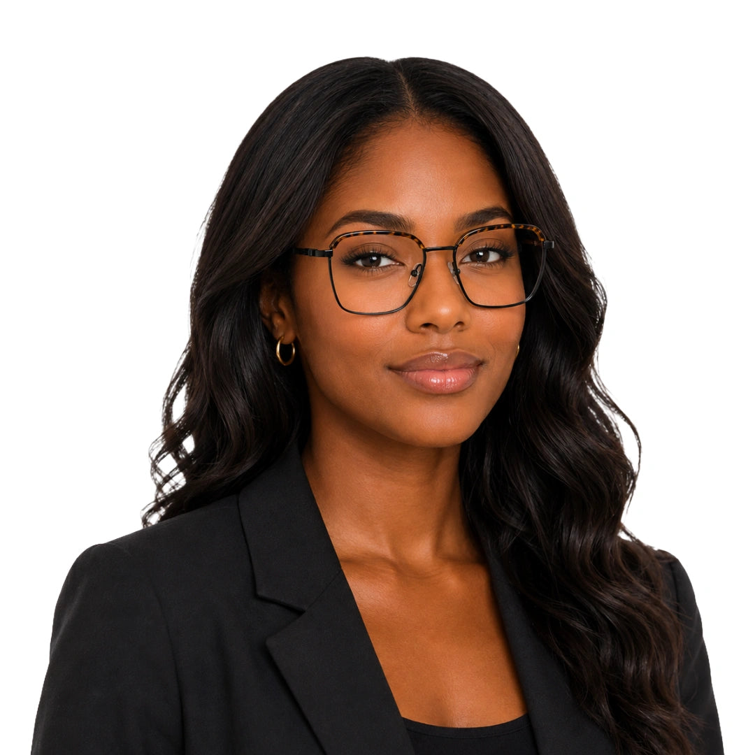 Woman wearing College Fashion 66104 square metal prescription eyeglasses with contrast brow bar in tortoise shell, front view