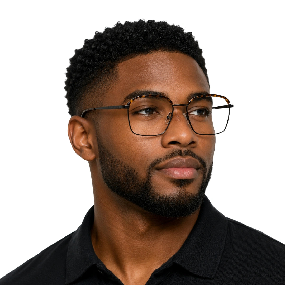 Man wearing College Fashion 66104 square metal prescription eyeglasses with contrast brow bar in tortoise shell, front view