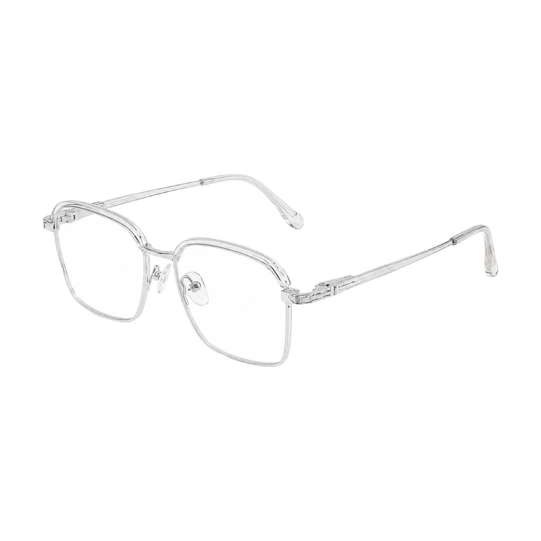 College Fashion 66104 square metal prescription eyeglasses with contrast brow bar in transparent, three-quarter angled view