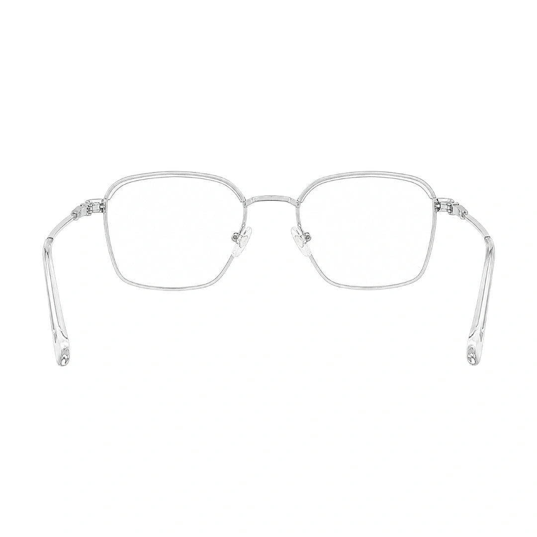 College Fashion 66104 square metal prescription eyeglasses with contrast brow bar in transparent, rear view