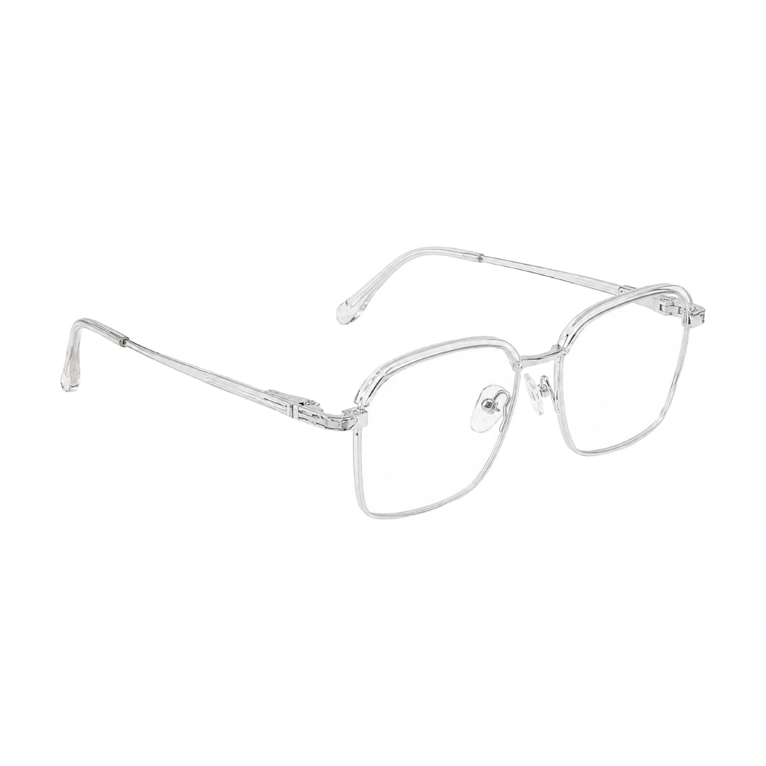 College Fashion 66104 square metal prescription eyeglasses with contrast brow bar in transparent, angled view