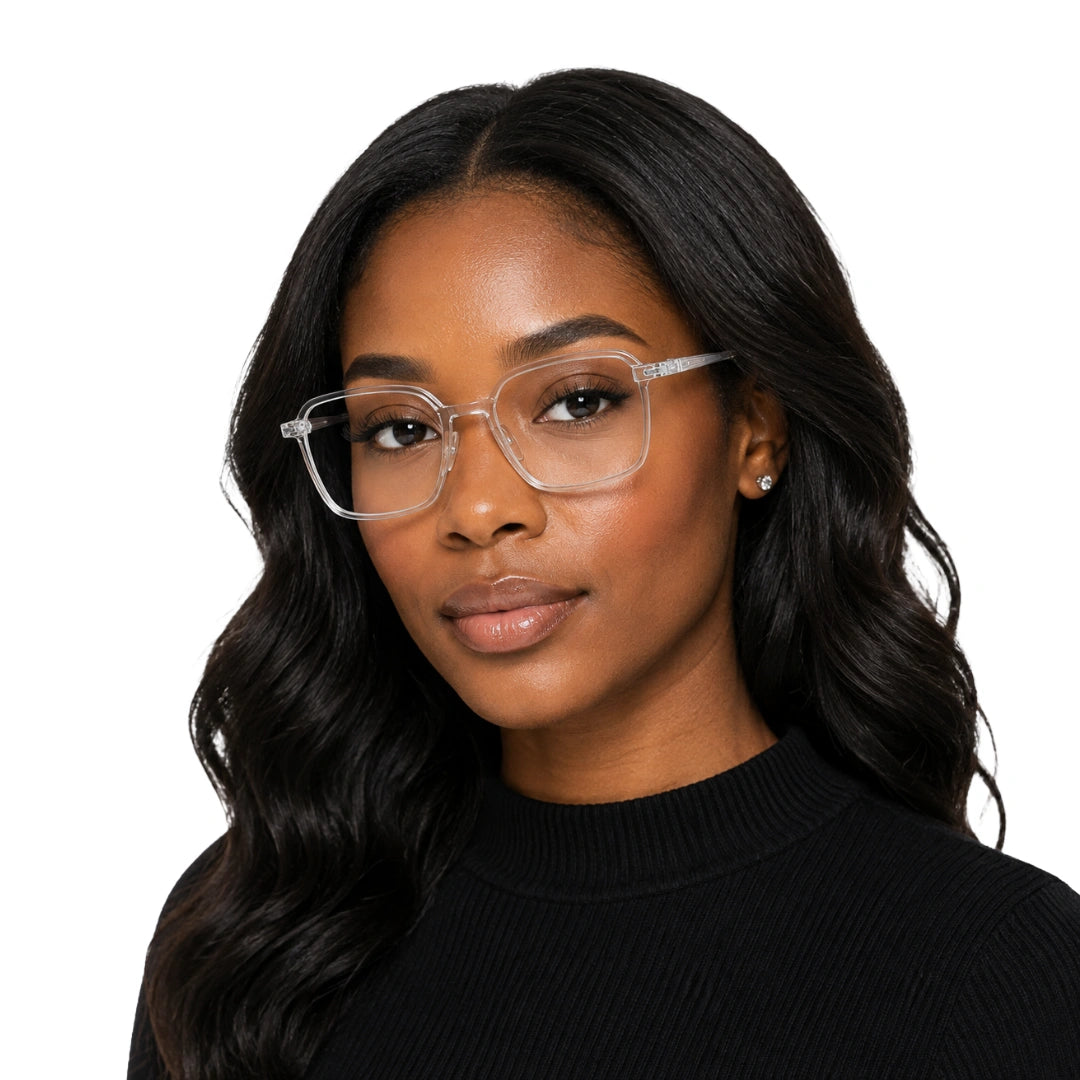 Woman wearing College Fashion 66104 square metal prescription eyeglasses with contrast brow bar in transparent