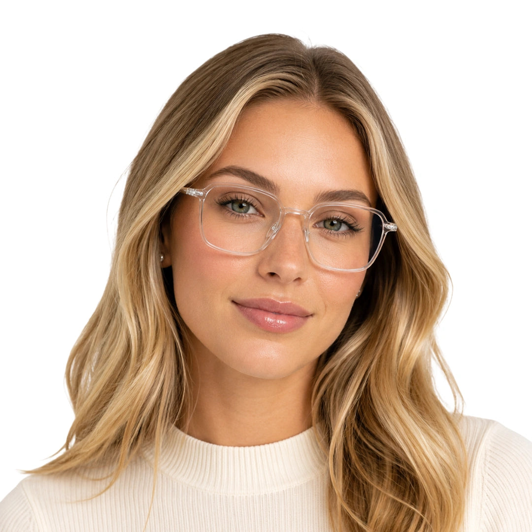 Woman wearing College Fashion 66104 square metal prescription eyeglasses with contrast brow bar in transparent, front view