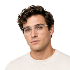 Man wearing College Fashion 66104 square metal prescription eyeglasses with contrast brow bar in transparent, front view