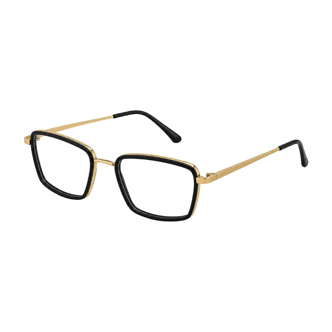 College Fashion 66105 rectangle prescription eyeglasses in black and gold, three-quarter angled view