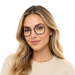 Woman wearing College Fashion 66105 rectangle prescription eyeglasses in black and gold