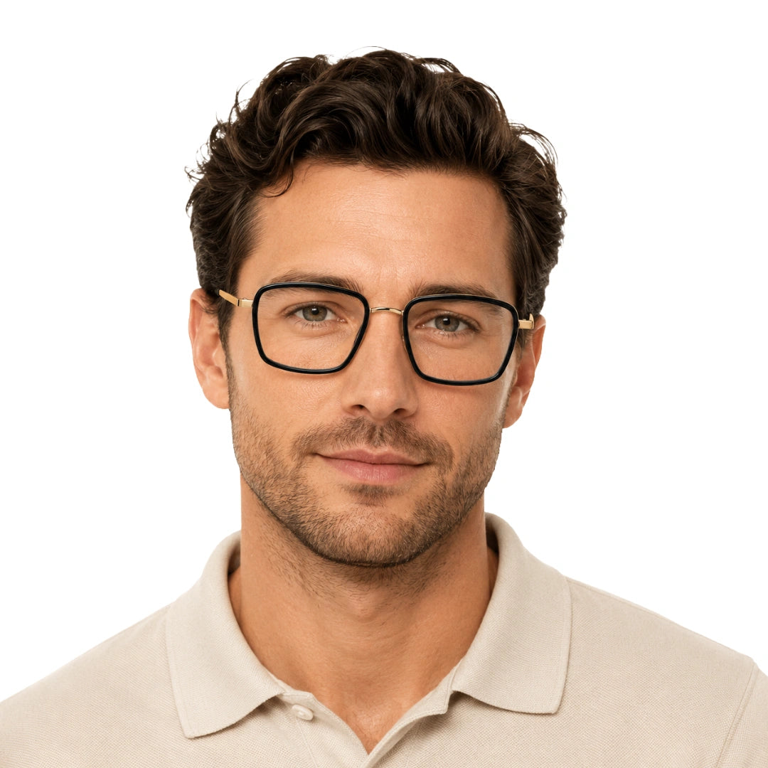 Man wearing College Fashion 66105 rectangle prescription eyeglasses in black and gold