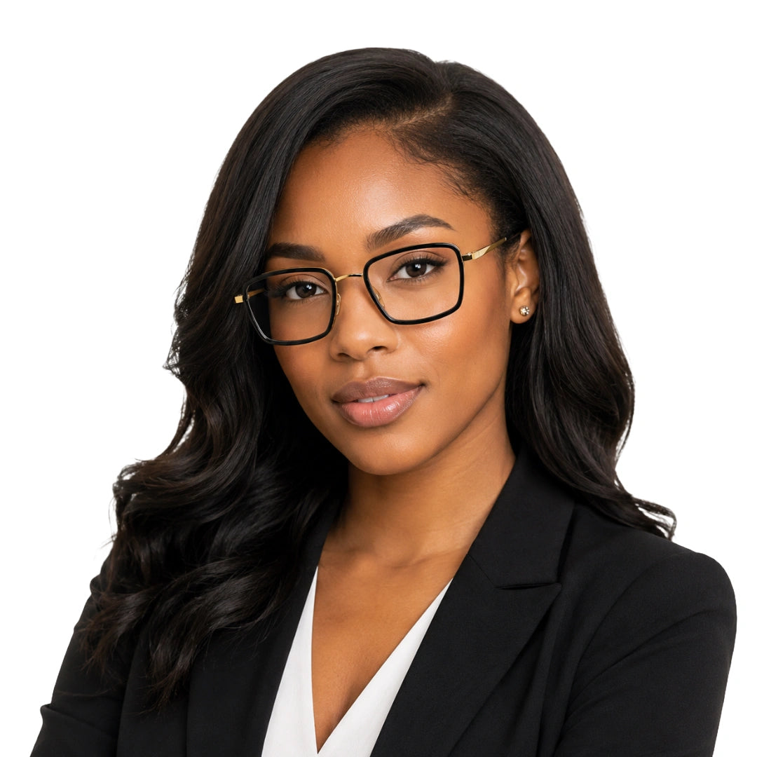 Woman wearing College Fashion 66105 rectangle prescription eyeglasses in black and gold, front view