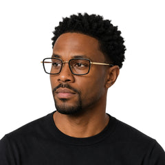 Man wearing College Fashion 66105 rectangle prescription eyeglasses in black and gold, front view
