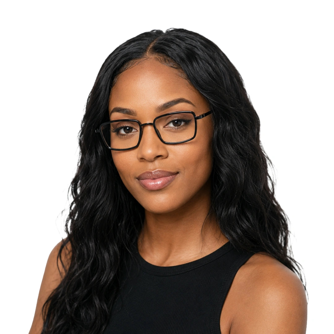 Woman wearing College Fashion 66105 rectangle prescription eyeglasses in glossy black