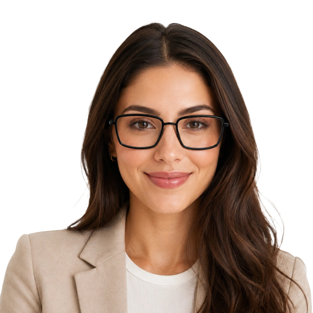 Woman wearing College Fashion 66105 rectangle prescription eyeglasses in glossy black, front view