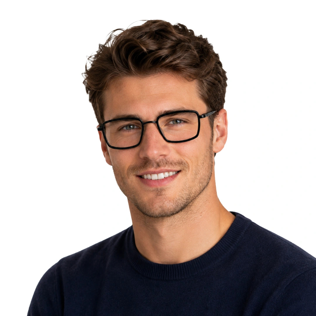 Man wearing College Fashion 66105 rectangle prescription eyeglasses in glossy black, front view