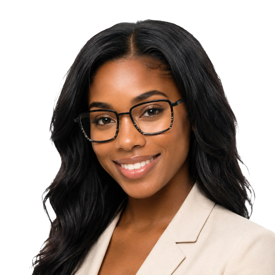 Woman wearing College Fashion 66105 rectangle prescription eyeglasses in gradient black, front view