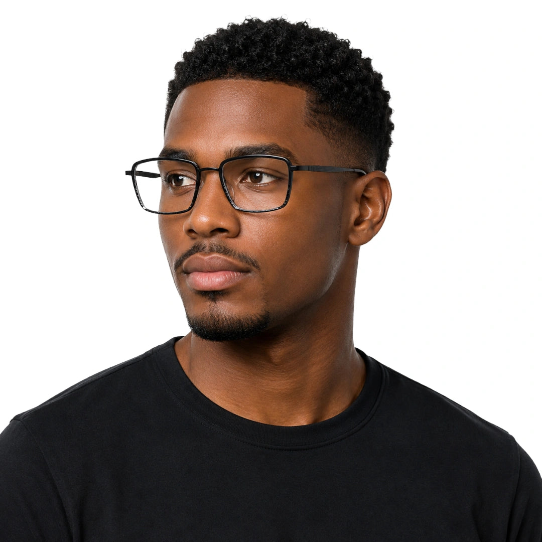 Man wearing College Fashion 66105 rectangle prescription eyeglasses in gradient black, front view
