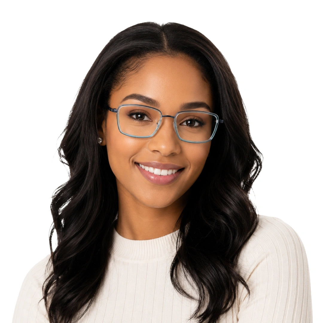 Woman wearing College Fashion 66105 rectangle prescription eyeglasses in grey and blue