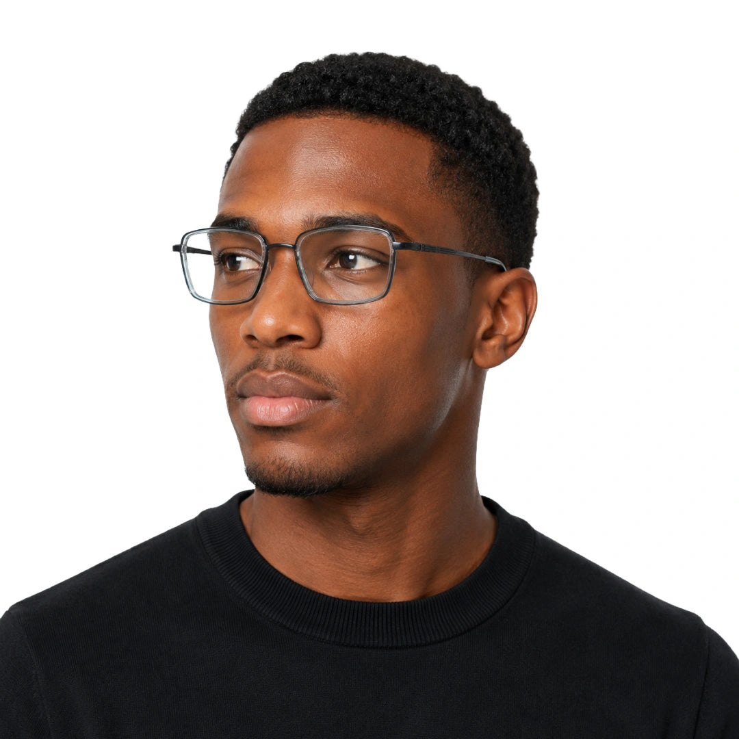 Man wearing College Fashion 66105 rectangle prescription eyeglasses in grey and blue