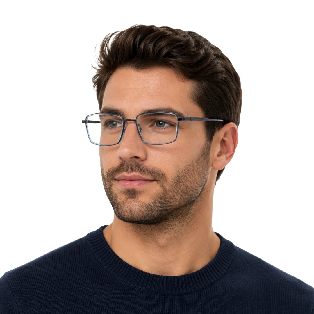 Man wearing College Fashion 66105 rectangle prescription eyeglasses in grey and blue, front view