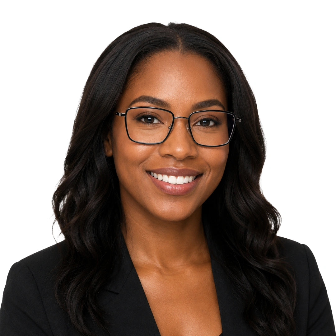 Woman wearing College Fashion 66105 rectangle prescription eyeglasses in grey