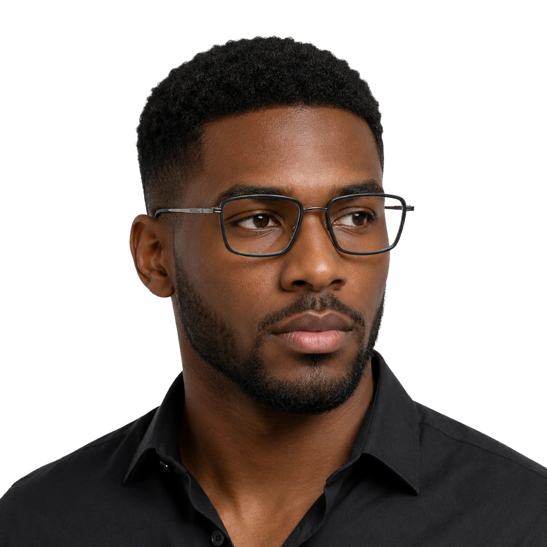 Man wearing College Fashion 66105 rectangle prescription eyeglasses in grey
