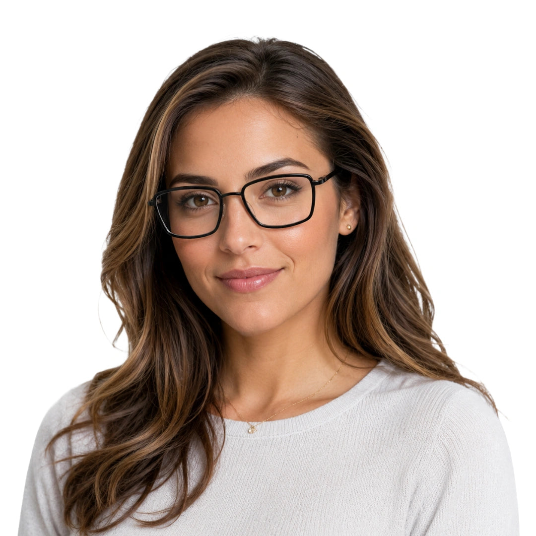 Woman wearing College Fashion 66105 rectangle prescription eyeglasses in gunmetal and black