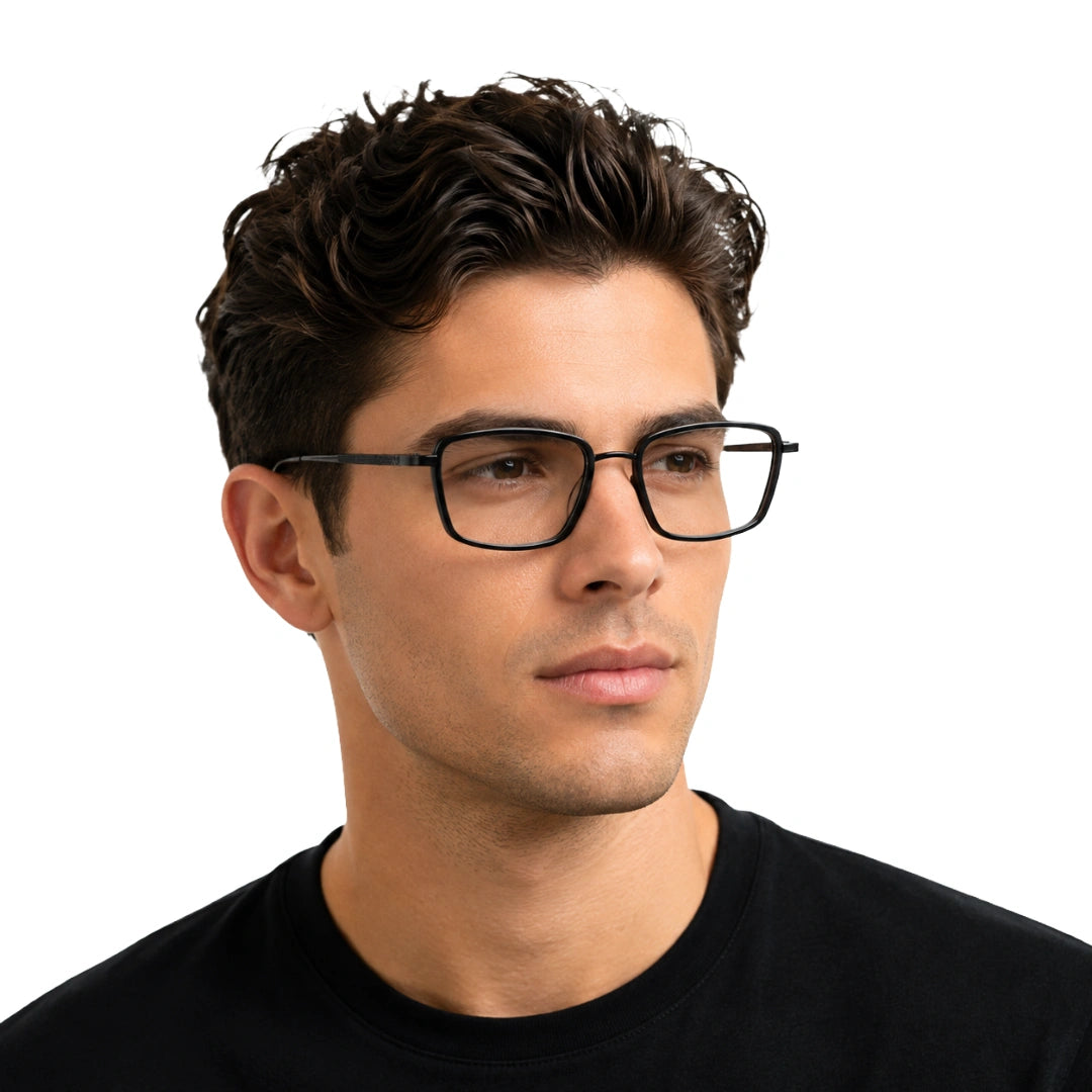 Man wearing College Fashion 66105 rectangle prescription eyeglasses in gunmetal and black