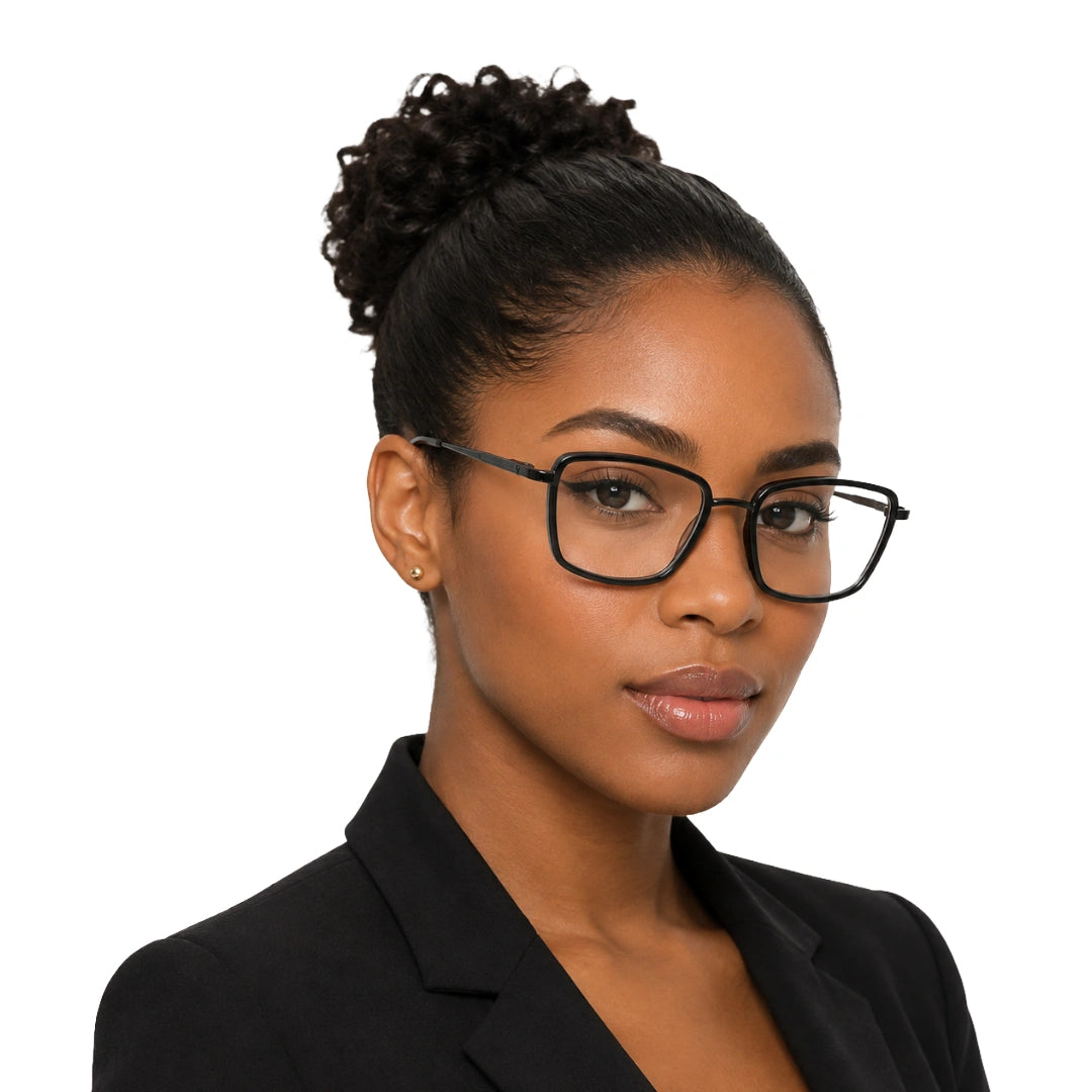 Woman wearing College Fashion 66105 rectangle prescription eyeglasses in gunmetal and black, front view