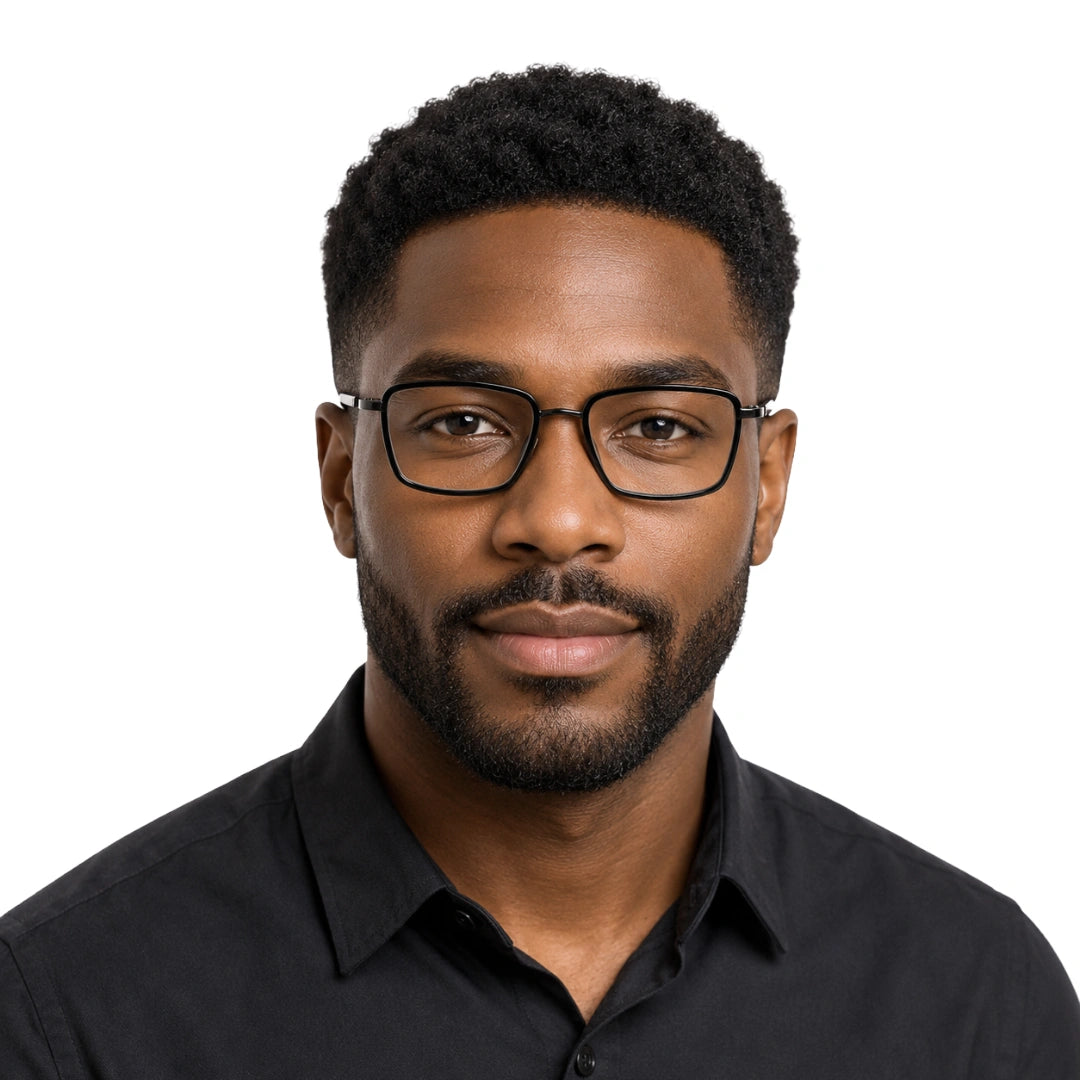 Man wearing College Fashion 66105 rectangle prescription eyeglasses in gunmetal and black, front view