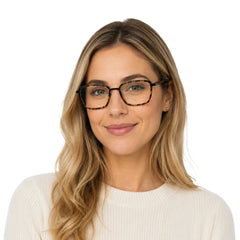 Woman wearing College Fashion 66105 rectangle prescription eyeglasses in tortoise shell