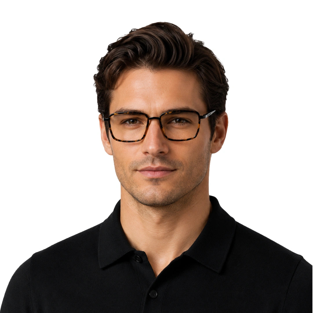 Man wearing College Fashion 66105 rectangle prescription eyeglasses in tortoise shell