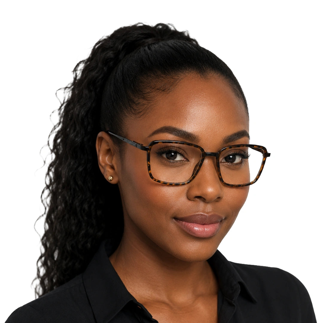 Woman wearing College Fashion 66105 rectangle prescription eyeglasses in tortoise shell, front view