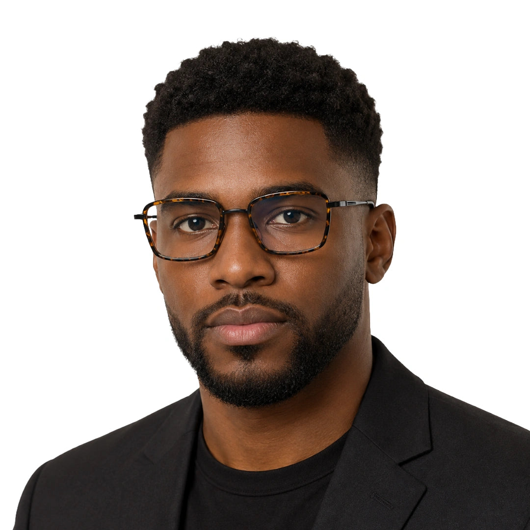 Man wearing College Fashion 66105 rectangle prescription eyeglasses in tortoise shell, front view