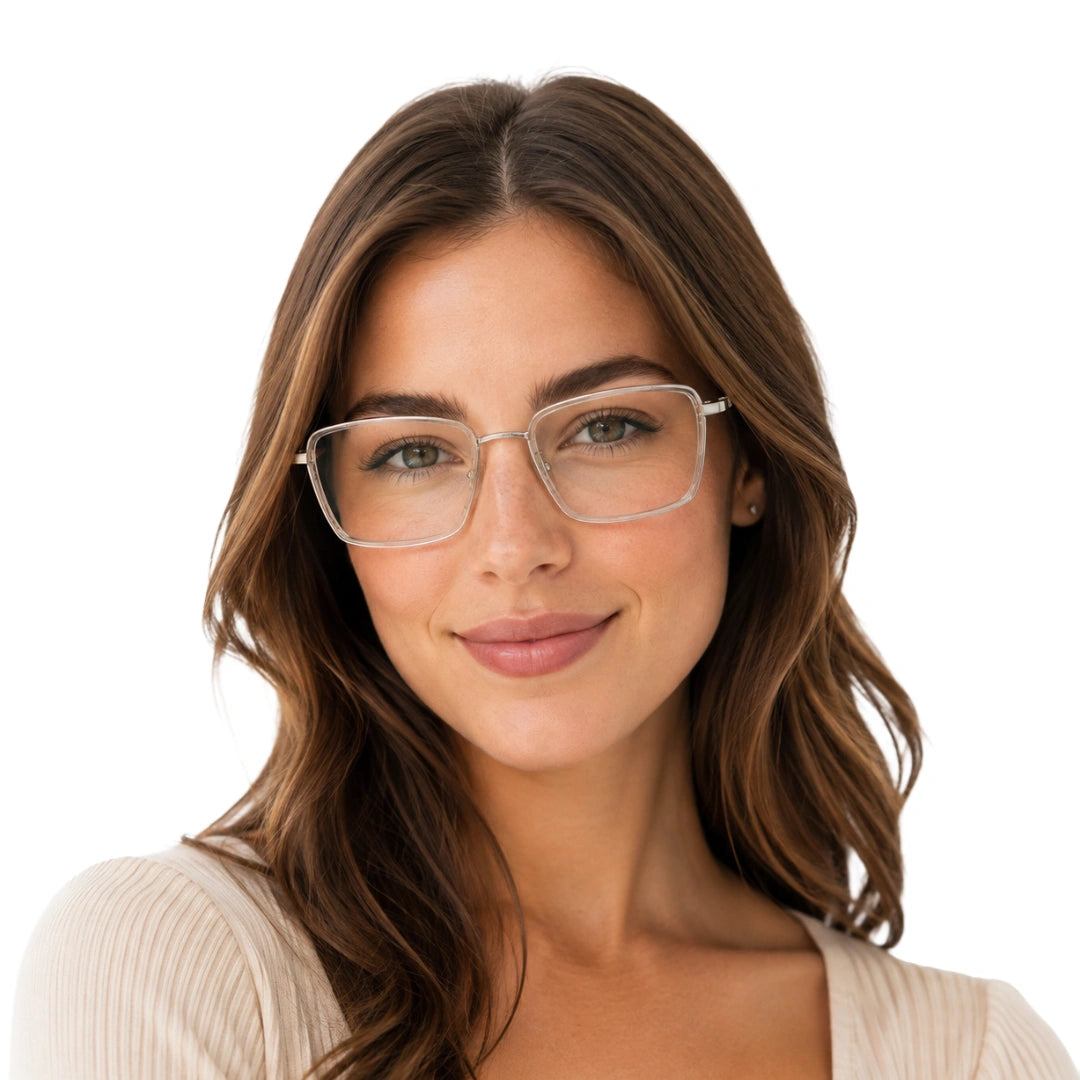 Woman wearing College Fashion 66105 rectangle prescription eyeglasses in transparent