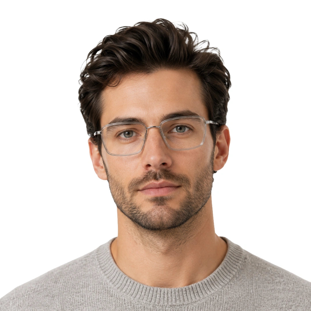 Man wearing College Fashion 66105 rectangle prescription eyeglasses in transparent