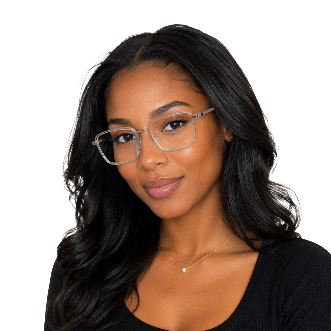 Woman wearing College Fashion 66105 rectangle prescription eyeglasses in transparent, front view