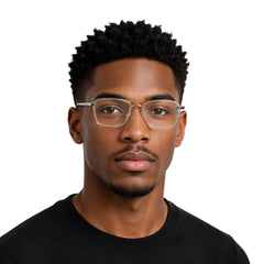 Man wearing College Fashion 66105 rectangle prescription eyeglasses in transparent, front view