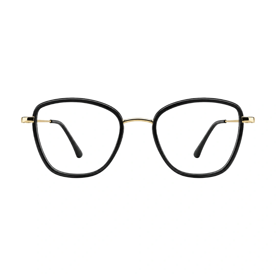 College Fashion 66109 modern square prescription eyeglasses in black and gold, front view
