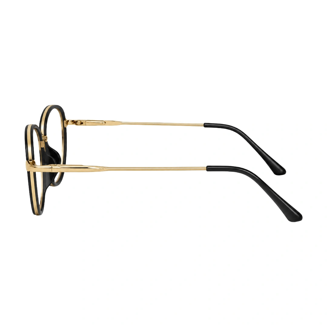 College Fashion 66109 modern square prescription eyeglasses in black and gold, side profile view