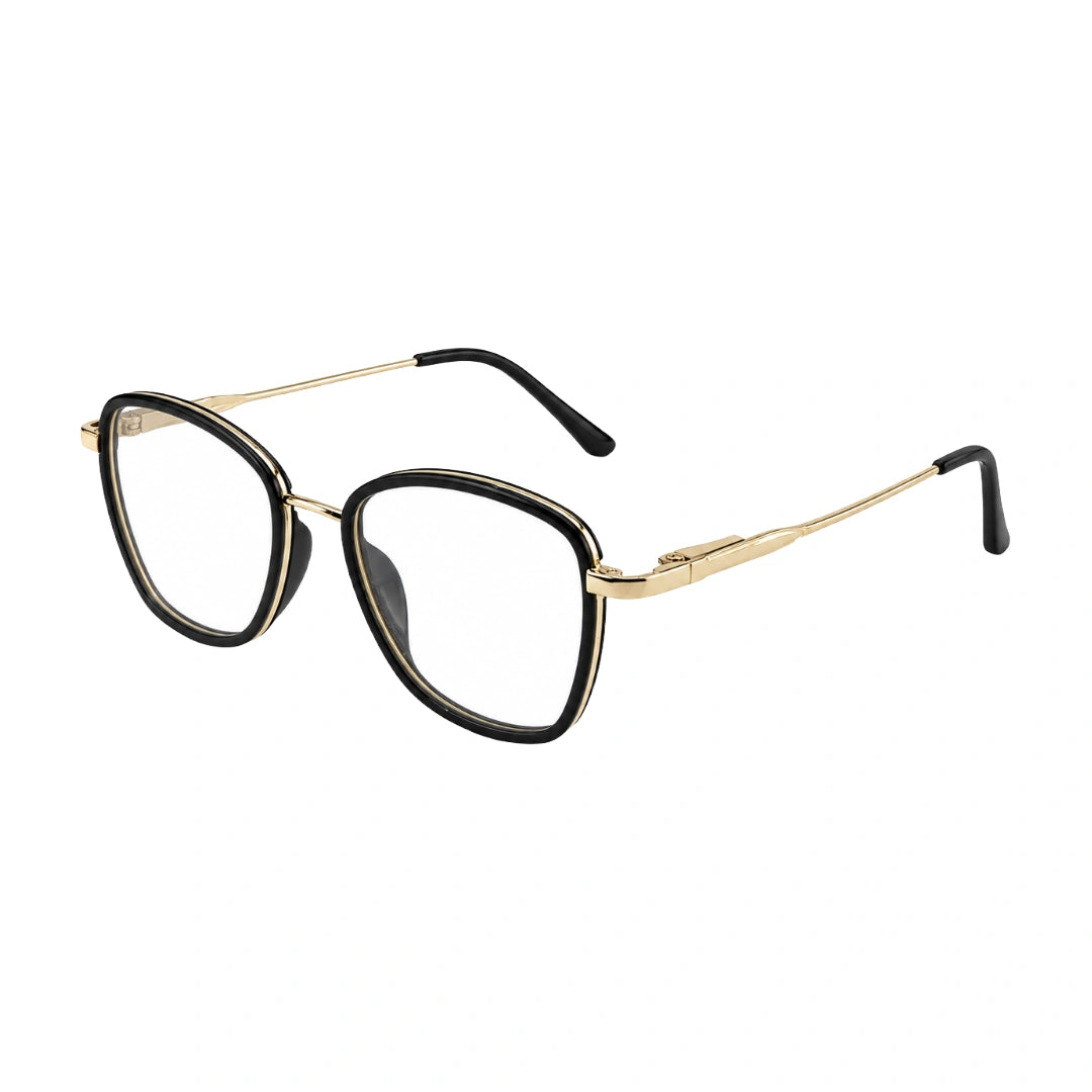 College Fashion 66109 modern square prescription eyeglasses in black and gold, three-quarter angled view