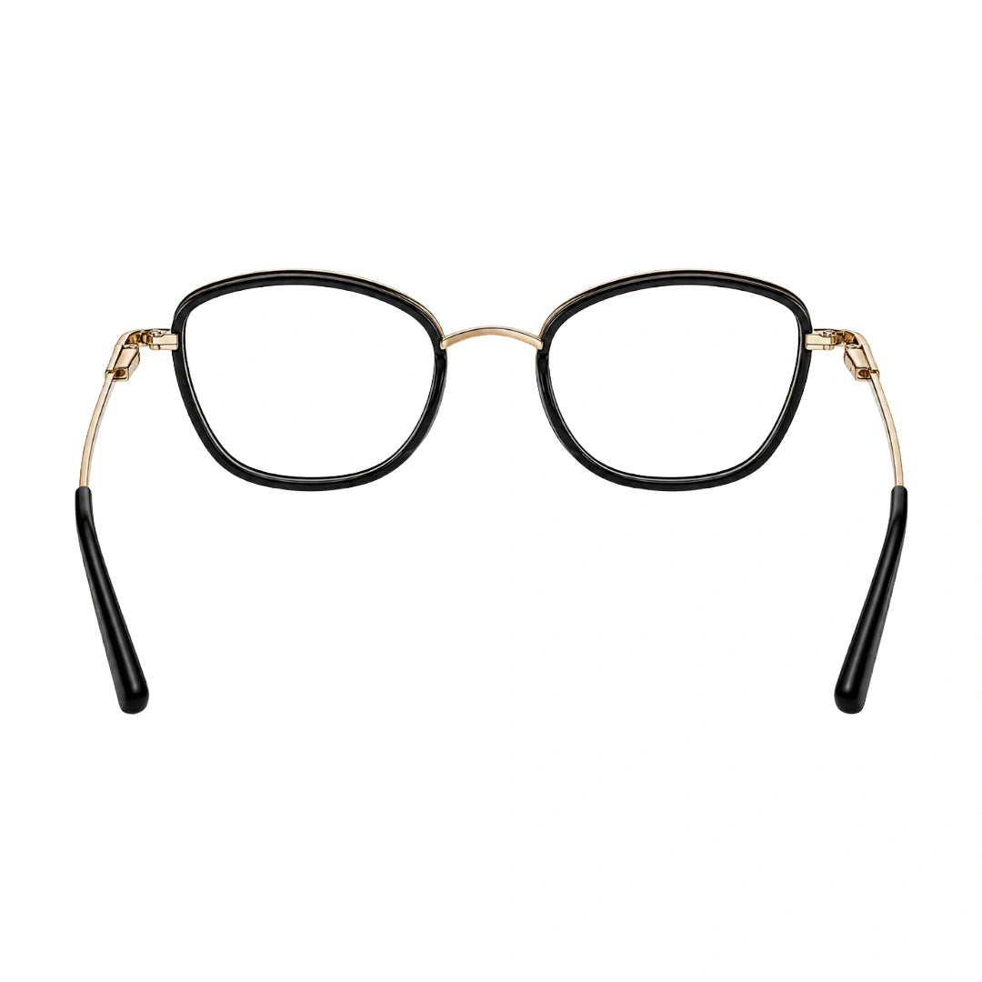 College Fashion 66109 modern square prescription eyeglasses in black and gold, rear view