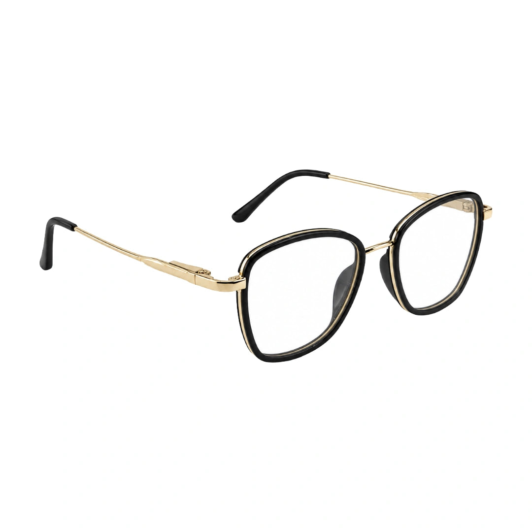 College Fashion 66109 modern square prescription eyeglasses in black and gold, angled view
