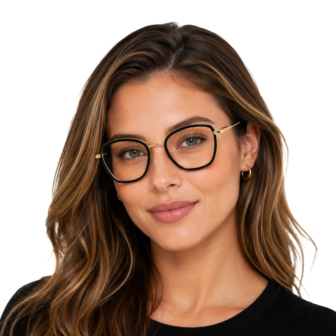 Woman wearing College Fashion 66109 modern square prescription eyeglasses in black and gold