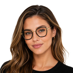 Woman wearing College Fashion 66109 modern square prescription eyeglasses in black and gold