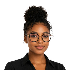 Woman wearing College Fashion 66109 modern square prescription eyeglasses in black and gold, front view