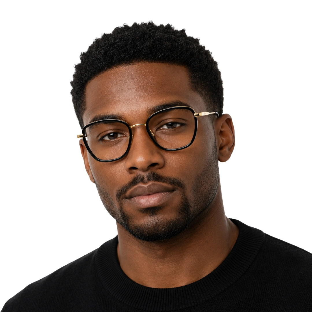 Man wearing College Fashion 66109 modern square prescription eyeglasses in black and gold, front view