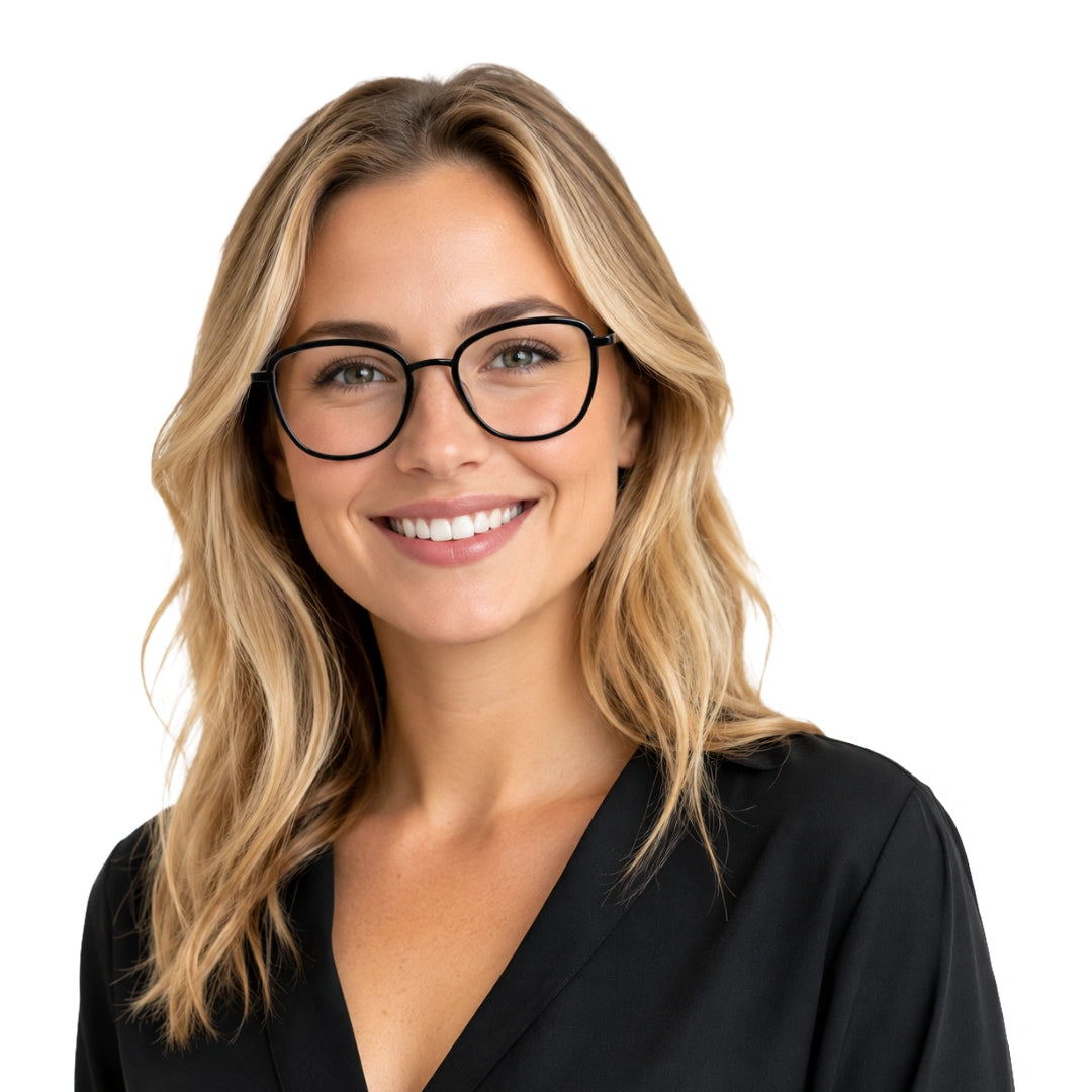 Woman wearing College Fashion 66109 modern square prescription eyeglasses in black