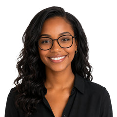 Woman wearing College Fashion 66109 modern square prescription eyeglasses in black, front view