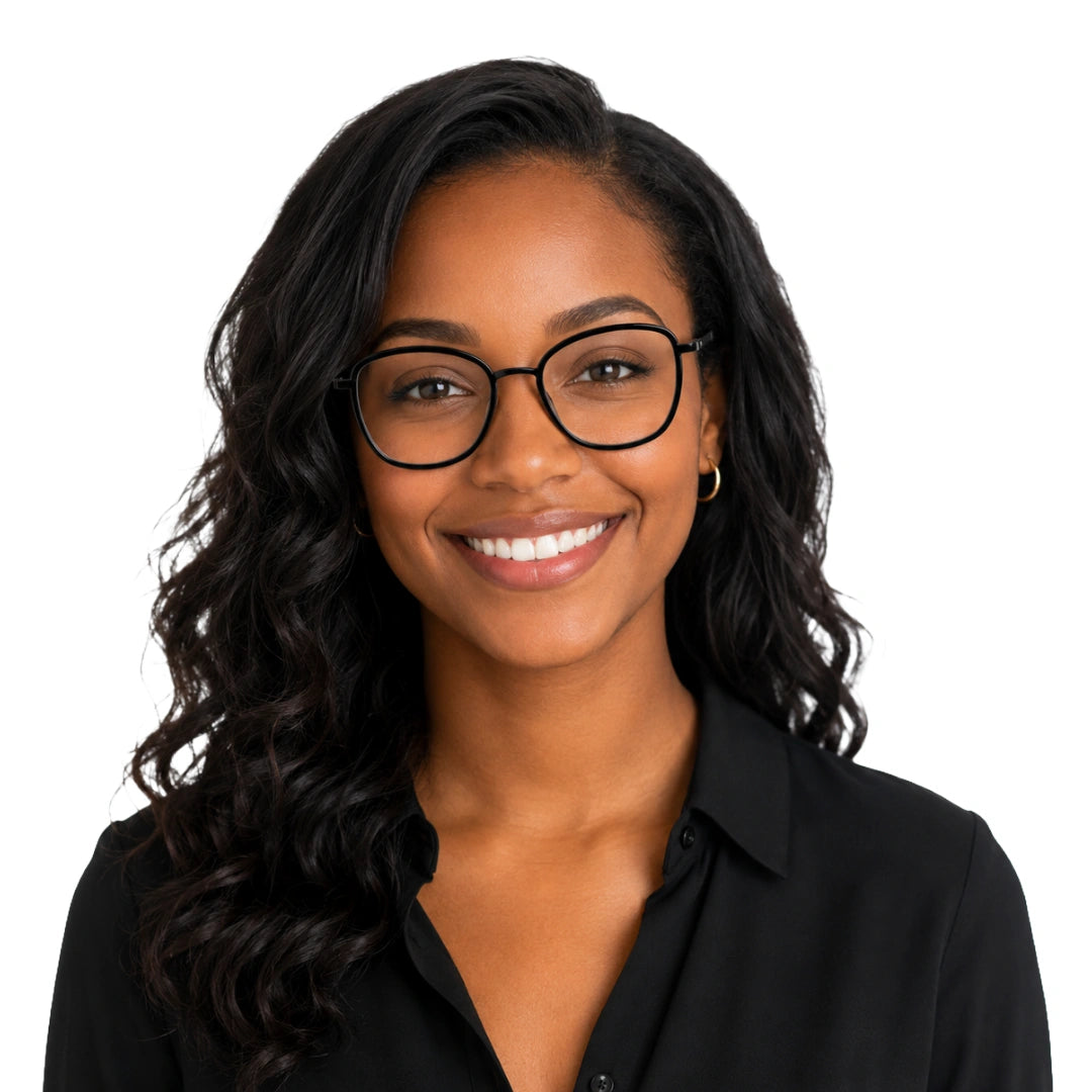 Woman wearing College Fashion 66109 modern square prescription eyeglasses in black, front view