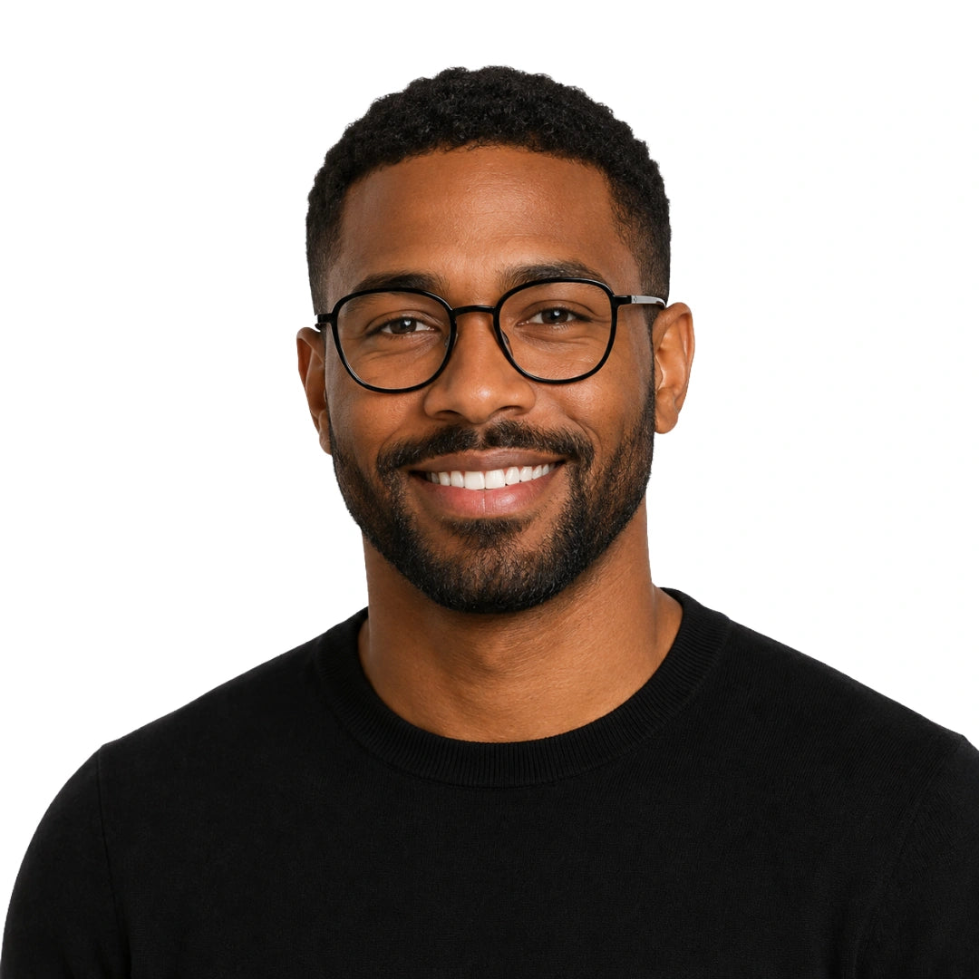 Man wearing College Fashion 66109 modern square prescription eyeglasses in black, front view