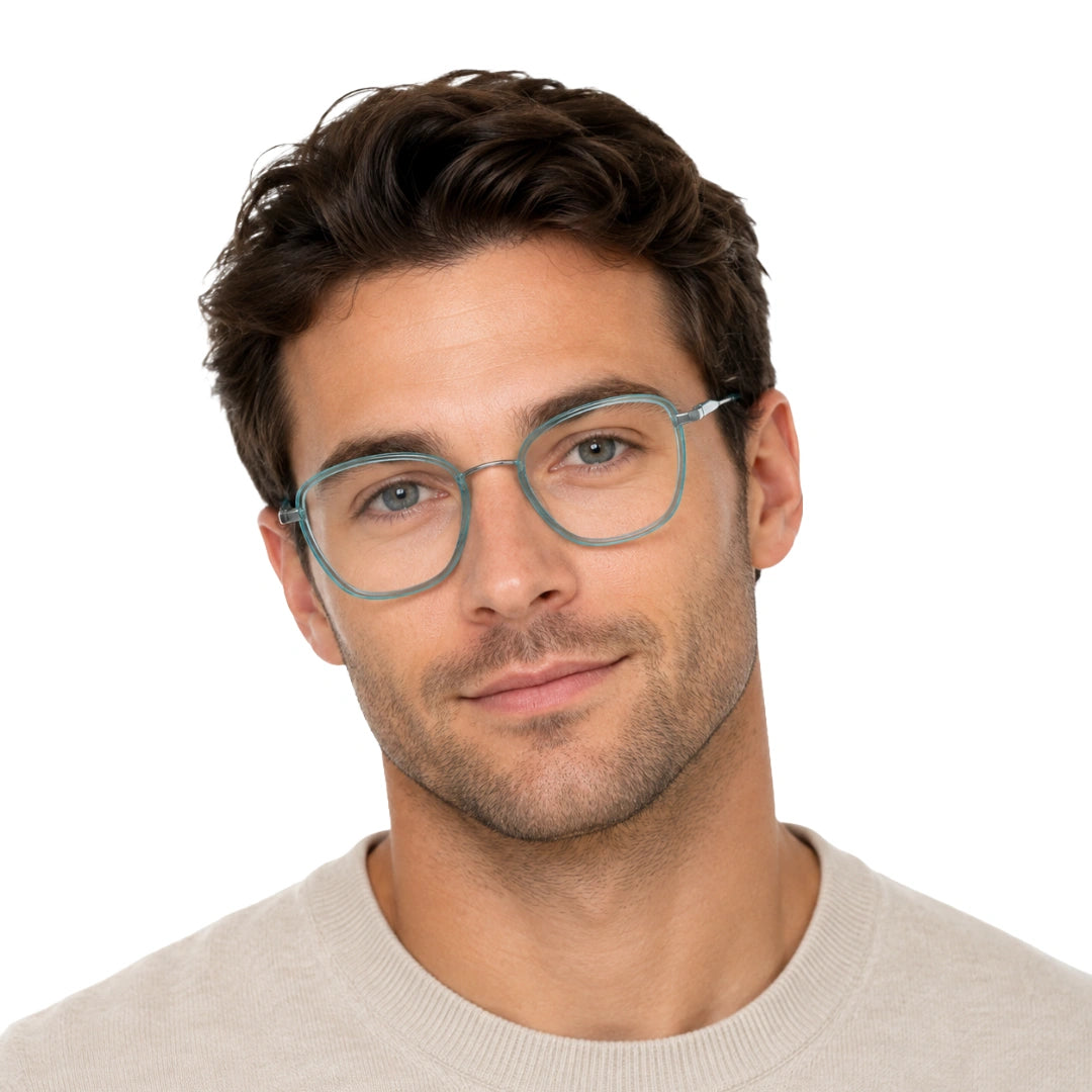 Man wearing College Fashion 66109 modern square prescription eyeglasses in blue