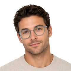 Man wearing College Fashion 66109 modern square prescription eyeglasses in blue